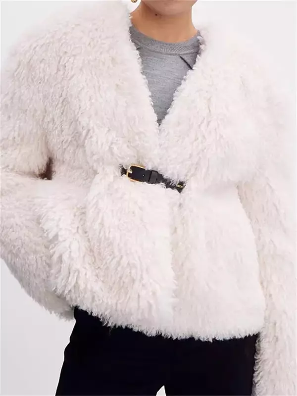 Manteau court en fausse fourrure pour femmes, vestes monochromes, décoration de ceinture à col en V, mode d'hiver