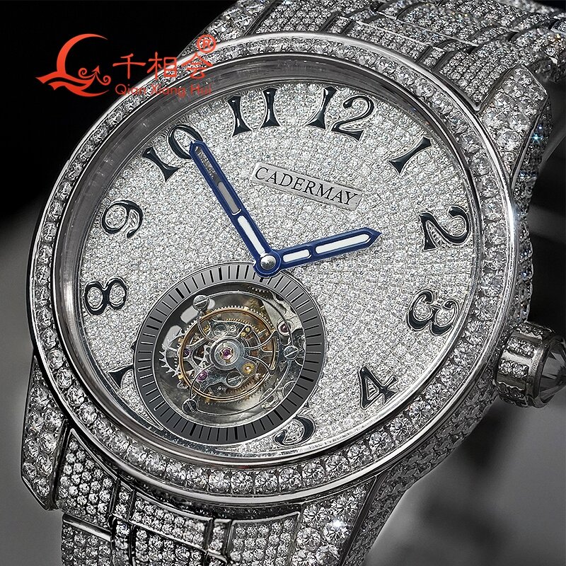 Penuh Moissanite jam tangan pergelangan tangan mewah untuk pria jam tangan mekanis D putih VVS Moissanite jam tangan perhiasan Pria