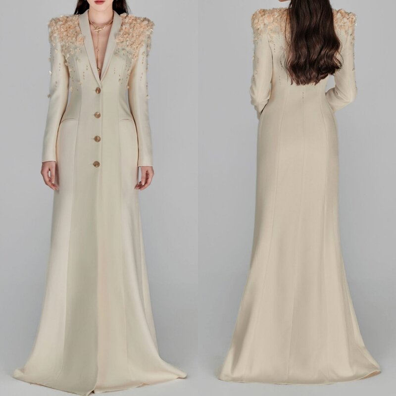 Gaun Prom Arab Saudi Jersey Applique kancing terbungkus ulang tahun A-line V-Neck Bespoke gaun acara gaun panjang
