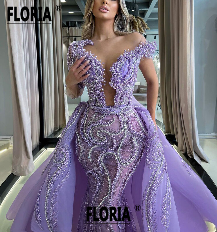 Vestidos De Festa Dubai Pearls Beaded Evening Wedding Dress with Overskirt Purple Mermaid Formal Party Gown Arabic Woman Robes