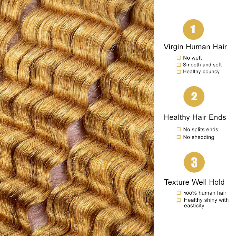 Volume louro do cabelo humano do Virgin, cabelo profundo da onda, nenhuma trama, extensão natural do cabelo para trançar, cabelo encaracolado, #27
