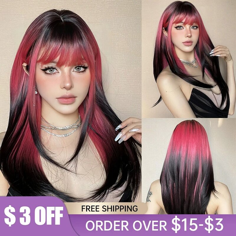 Long Layered Straight Black Red Synthetic Wigs With Bangs Ombre Dark Red Cosplay Wigs For Women Party Lolita Hairs Heat Resistan