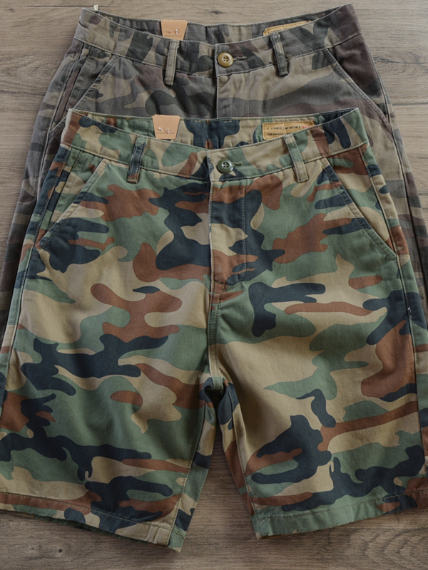 Summer New American Retro Twill Heavyweight Camouflage Cargo Shorts Men's Pure Cotton Washed Loose Straight Casual 5-point Pants