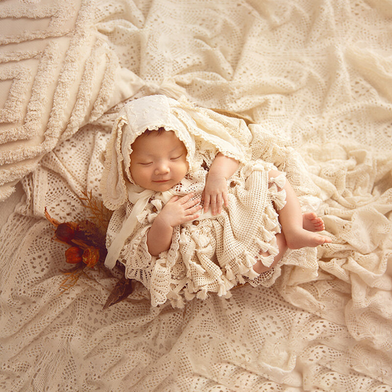 Adereços de fotografia para bebê recém-nascido, roupas fotográficas menina, traje rendado, chapéu orelhas de coelho, flor simulação, travesseiro, adereços foto criativa