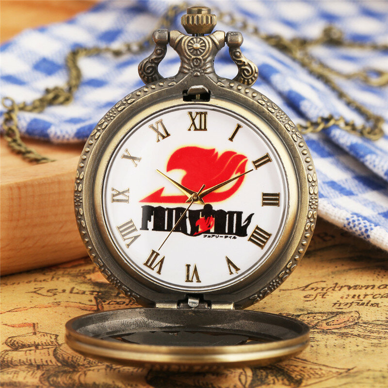 Relógio de bolso de quartzo de estilo antigo para homens e mulheres, anime japonês, design cosplay cauda oca relógio número romano com colar corrente