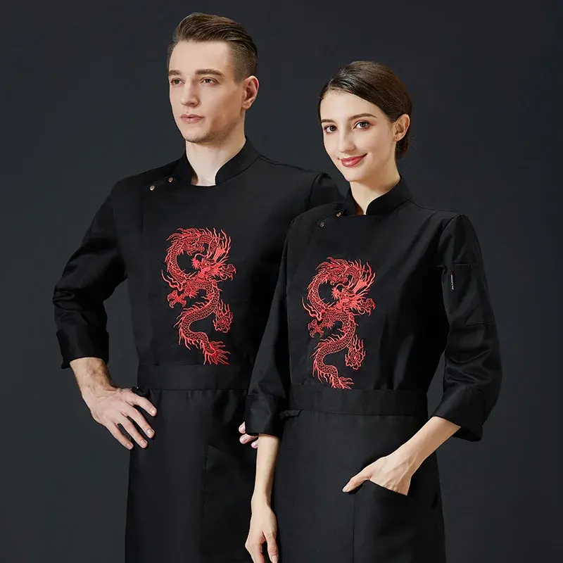 Dragon Hotel Adult Work Jackets Restaurant Embroidery Chef Clothes Uniform Waiter Shirts Sleeve Long Plus Size Kitchen