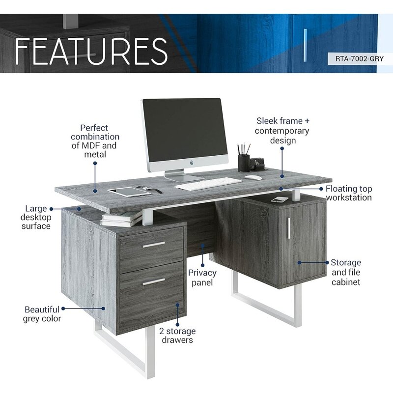 Современный офисный стол с хранилищем, техническая мебель, серый цвет
