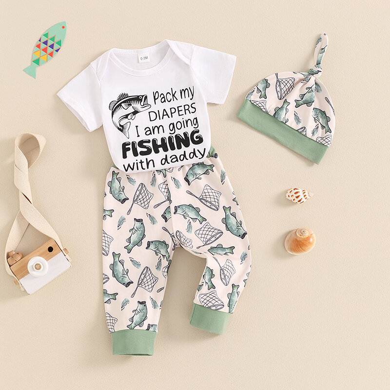 Carta estampa de bebê menino macacão de manga curta, calça e chapéu com estampa de peixe, roupa de verão, 2024-04-10
