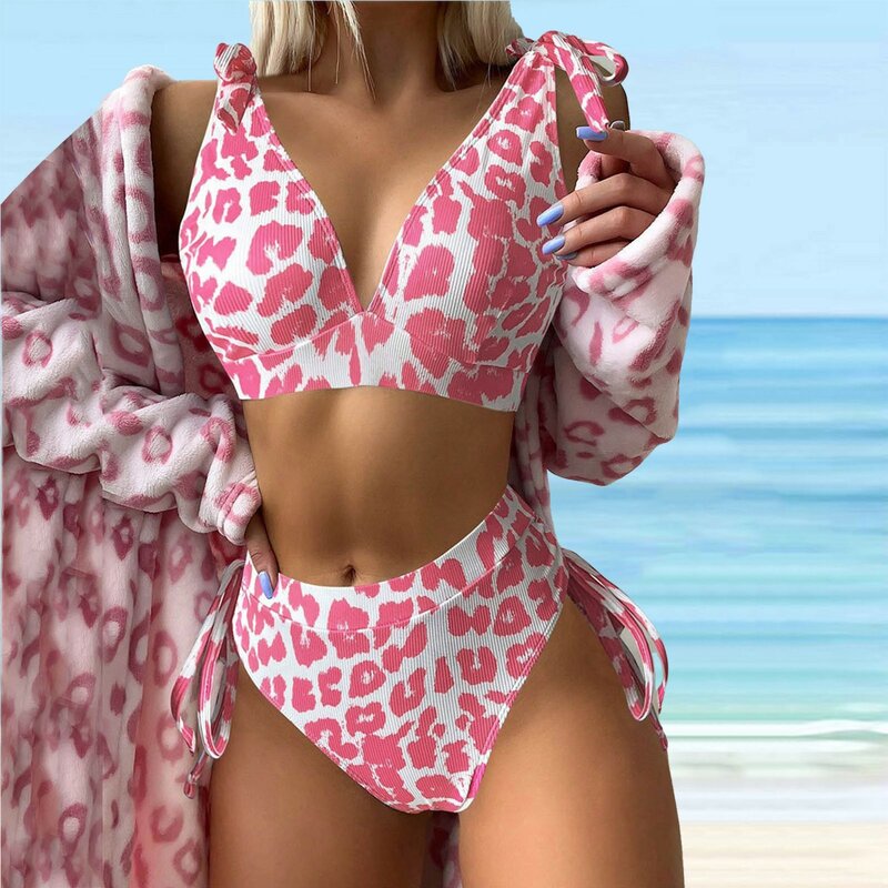 Maillot de bain imprimé léopard, ensemble deux pièces, couverture complète, culotte taille haute, sexy, bandage, pour femmes, vêtements de plage, 2024