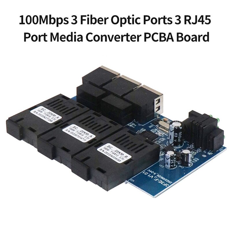 Konverter Media optik papan PCBA, sakelar serat Ethernet 100M 20Km 3 Fiber 3 RJ45 mendukung RPOE Simplex SC Fiber Switch