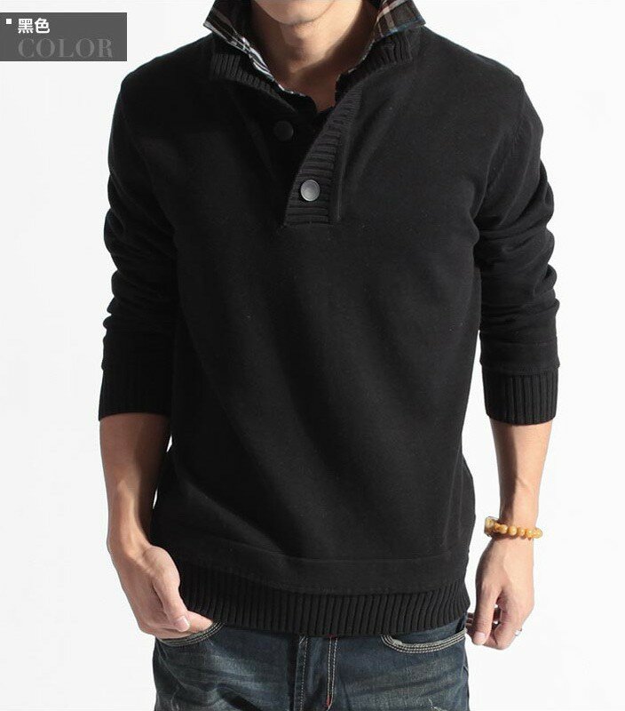 Men's Fake Two Piece Sweater Standing Neck Knit Pullovers Large Size Solid Color Sweater