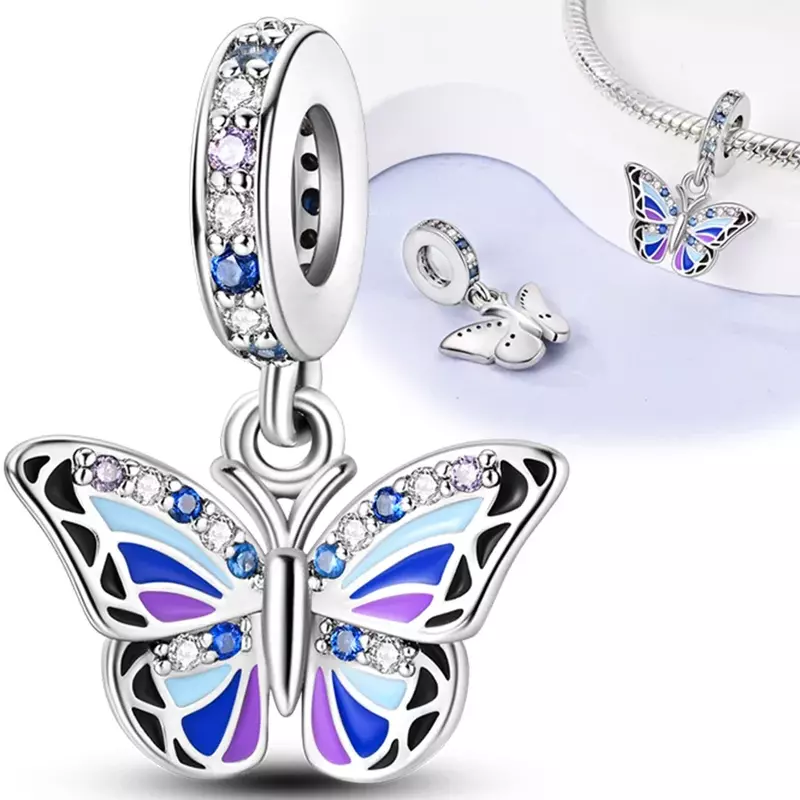 Sterling 925 Silver Charm Gradient Ice Blue Butterfly Charm for Original Pandora Bracelet Charm Women's Beaded Jewelry