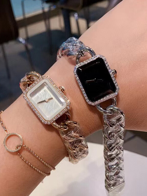 Conjunto de relógio de aço e diamante de madrepérola para mulheres, caixa quadrada, alça de corrente, relógio de quartzo, moda luxuosa, novo, 2024