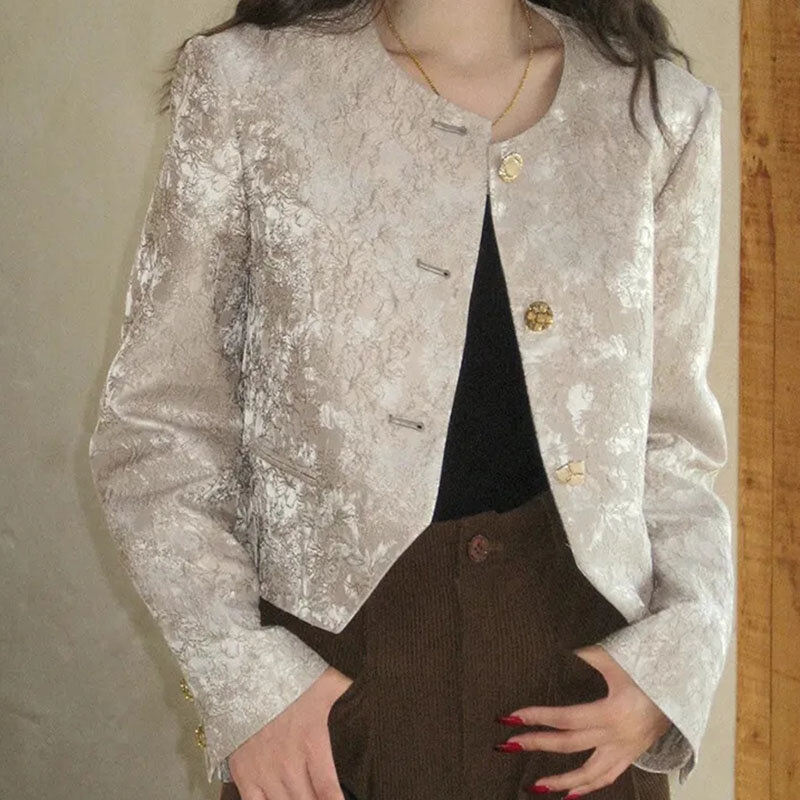 Jaqueta curta de peito único para mulheres, design sênior, casaco com corte jacquard, tops elegantes e casuais, manga longa, estilo coreano, novo, 2024