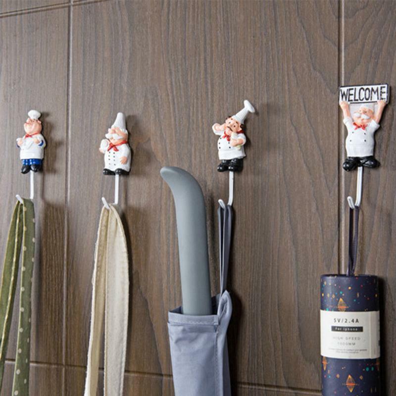 Chef Kitchen Hooks Home kitchen cute cartoon chef creative resin stainless steel hook wall Cute French Chef Adhesive Wall Hooks