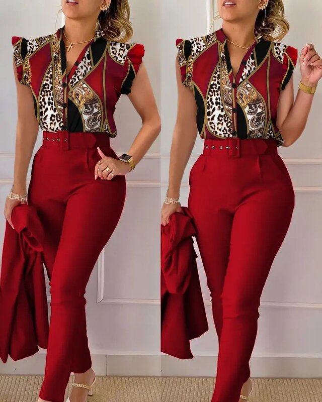Fashion Women's Set V-neck Sleeveless Printed Shirt and Solid Trousers Pants Set Elegant Tracksuit Ruffled 2 Piece Set Outfits