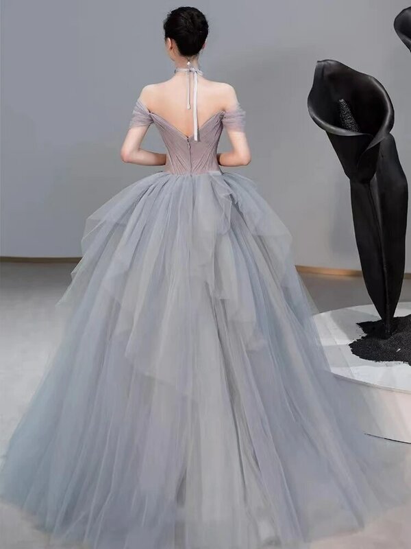 Temperament Grey Blue Prom Dresses V-Neck Elegant A-Line 3D Flower Appliques Floor-Length Off the Shoulder Backless Evening Gown
