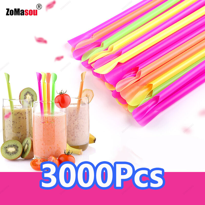 50-3000Pc cucchiaio di plastica cannucce cannuccia colore frullato frullato cucchiaio paglia per Bar forniture per feste di compleanno all'ingrosso