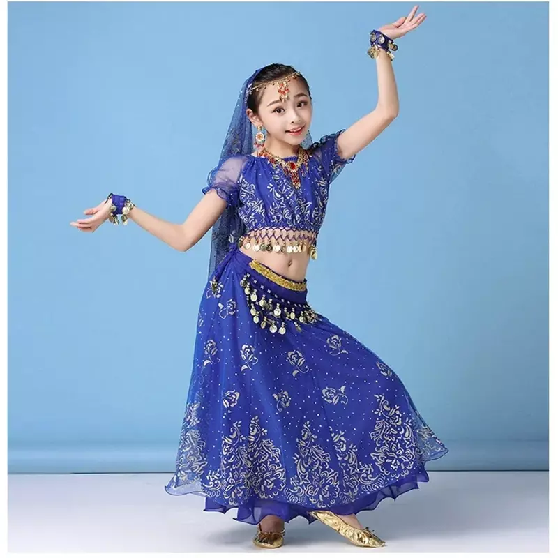 Podiumvoorstelling Indian Dance Wear Multi-Color 4 Stks/set Nieuwe Stijl Kids Buikdanskostuum Set