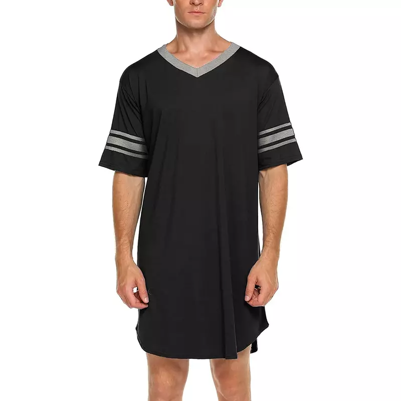 Men Nightwear Soft Comfortable Loose Male Sleepshirts Cotton Sleeve Men Nightshirt Short Homewear Sleepwear V-neck