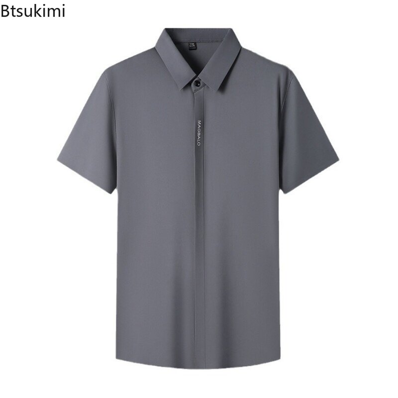 Рубашка мужская с коротким рукавом, эластичная деловая блуза со скрытыми пуговицами, лето