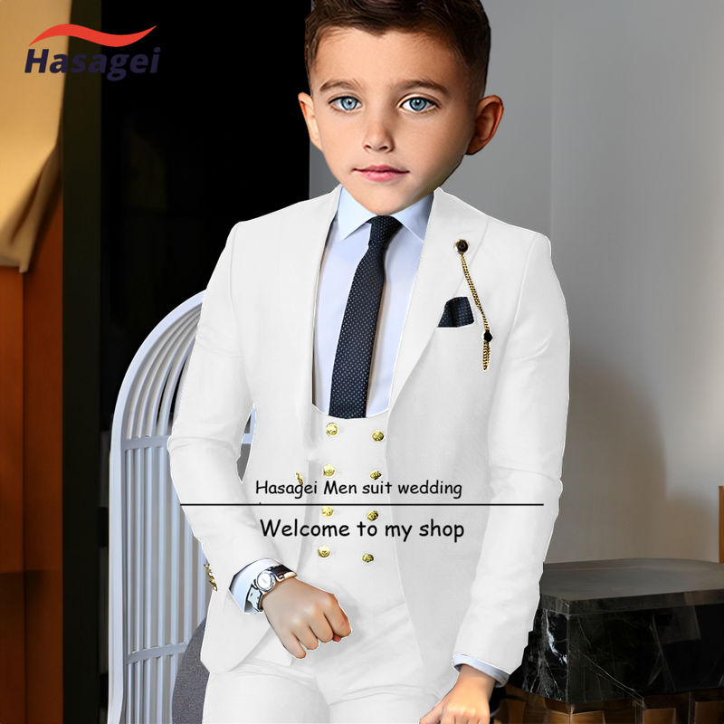 Traje blanco personalizado para niños de 2 a 16 años, esmoquin de boda para niños, botones dorados, conjunto de 3 piezas, chaqueta, chaleco, pantalón