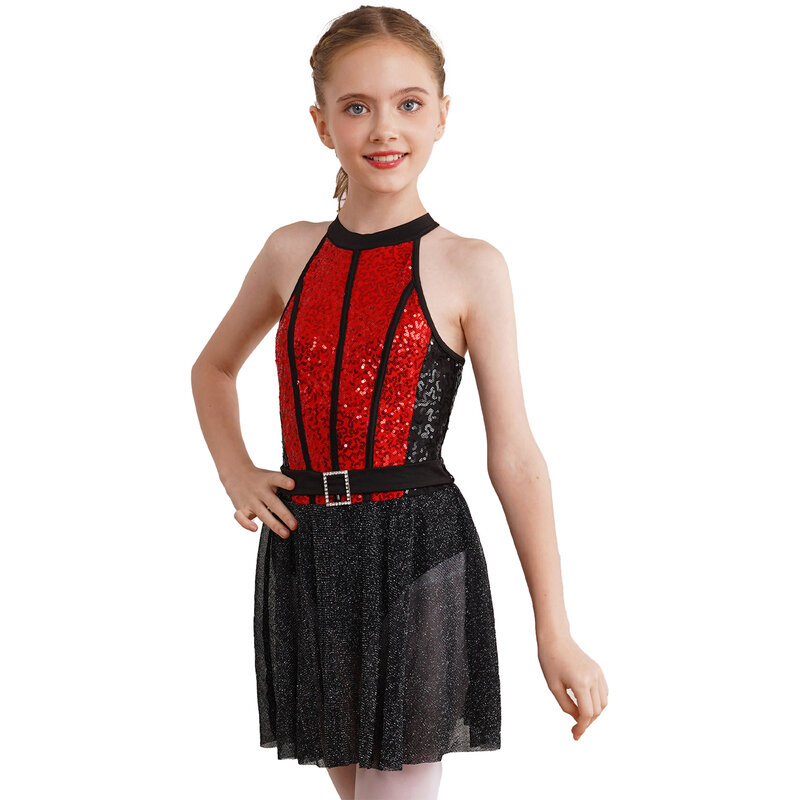 Детский блестящий костюм для джазового танца с блестками платье-трико без рукавов для латинских танцев для девочек Детская танцевальная одежда для сцены