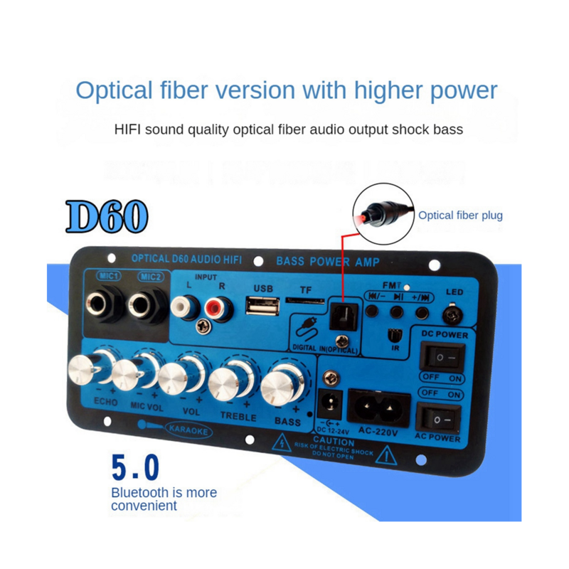 Placa amplificadora de potencia de Subwoofer, D60, 50W, Audio óptico, 12V, 24V, 220V, Bluetooth, Audio, enchufe europeo