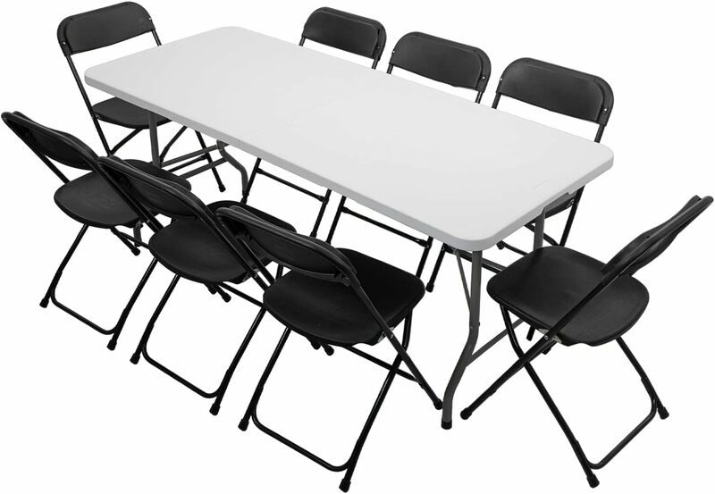 Set meja lipat plastik 6 kaki, kursi lipat 6/8 warna hitam untuk piknik, acara, pelatihan, kegiatan luar ruangan, di rumah