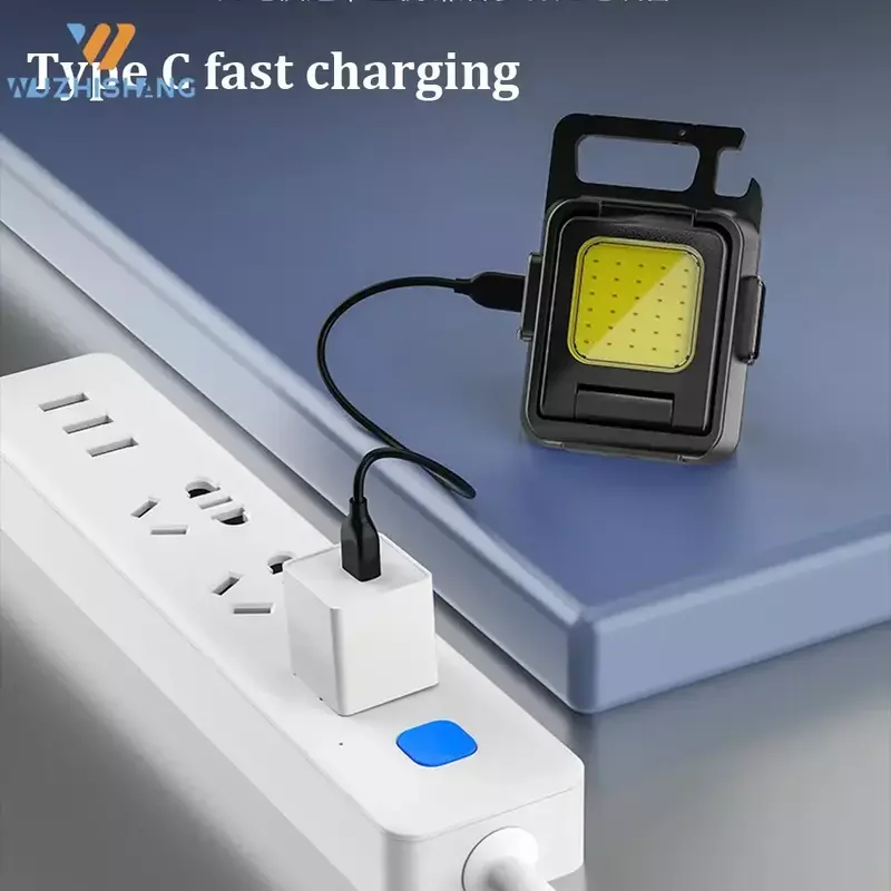 Pequeno LED Lanterna Chaveiro USB recarregável Torch, Multifuncional Work Light, portátil COB, Rotação de 90 °, Lanterna Camping