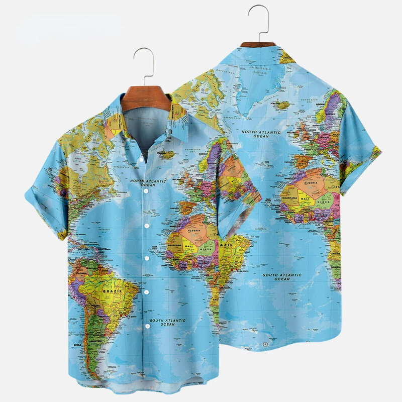 Kemeja Hawaii peta dunia kemeja cetak 3D pria dan wanita kemeja kasual pria kerah lipat kemeja pantai musim panas