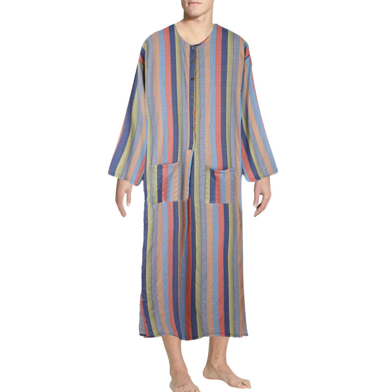 Mens Fashion Ethnic Style Muslim Robes Shirts Striped Print Long Sleeved Casual Loose Jubba Thobe Islamic Arab Dubai Kaftan