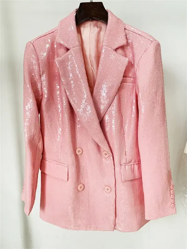 Pink Sequins Women Suits 1 Piece Blazer Female Glitter Bling Spring Formal Office Lady Business Work Wear Coat Prom Dress