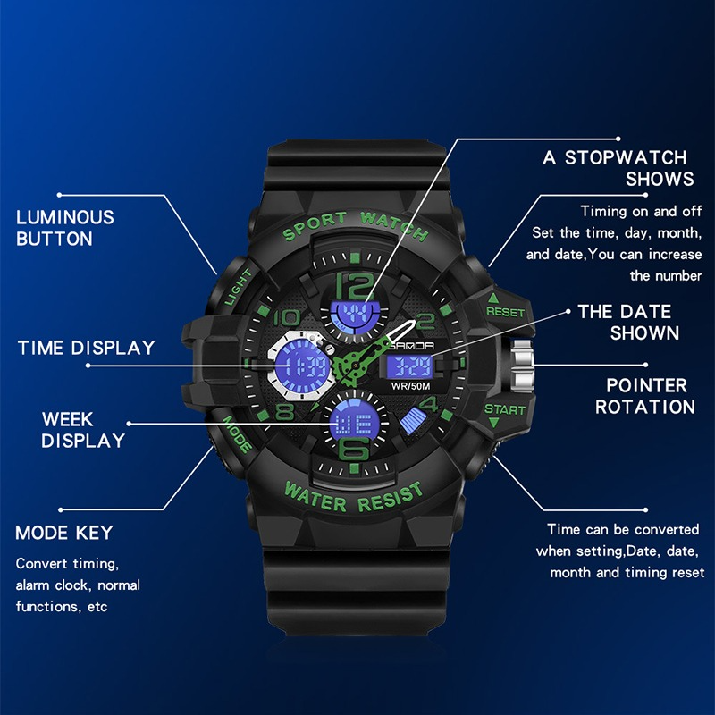 Marka SANDA zegarek wojskowy męskie cyfrowe sportowe zegarki szokowe dla mężczyzn wodoodporne elektroniczny zegarek na rękę męskie