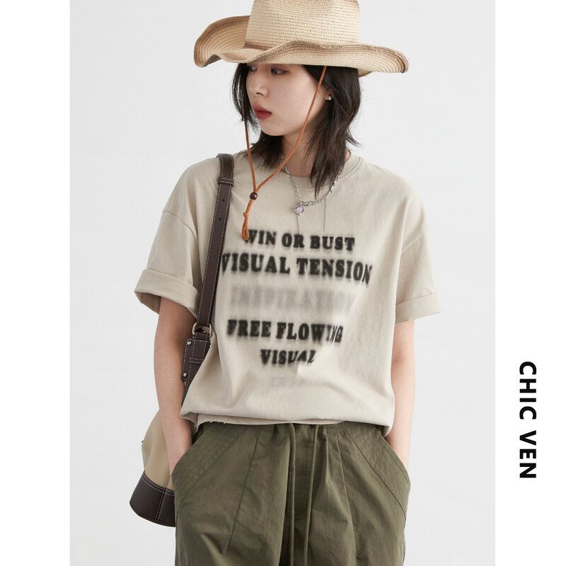 T-shirt CHIC Wanita kaus cetak huruf Fuzziness katun kasual longgar atasan lengan pendek wanita 2024 musim panas
