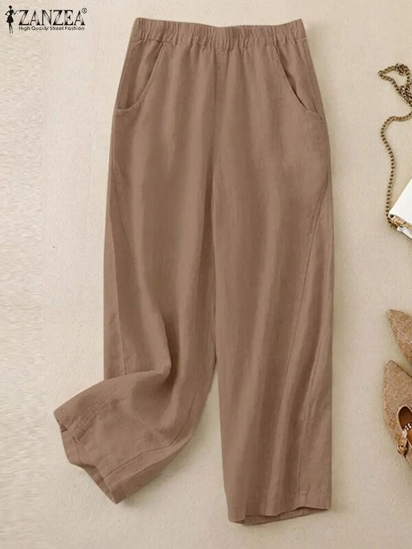 ZANZEA Cotton Linen Solid Color Straight Pants Women Oversized Elastic Waist 2024 Summer Trousers Breathable Casual Slack Pant