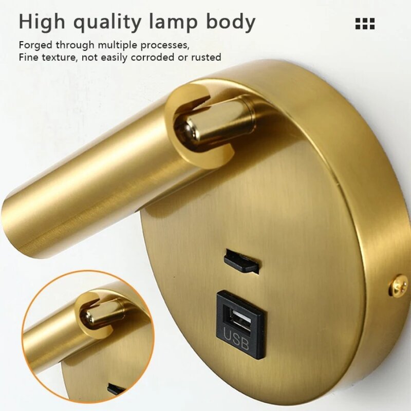 LED Wall Light with Switch and USB Port That Can Rotate 350 Degrees Wall Light Living Room Bedroom Study Bedside Reading Light