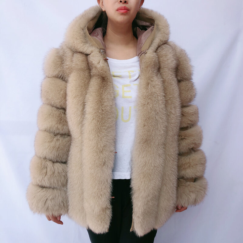 Abrigo con capucha de piel de zorro auténtica para mujer, gorro Vertical de piel de zorro Natural, cálido y a la moda, de alta calidad, invierno, 100%