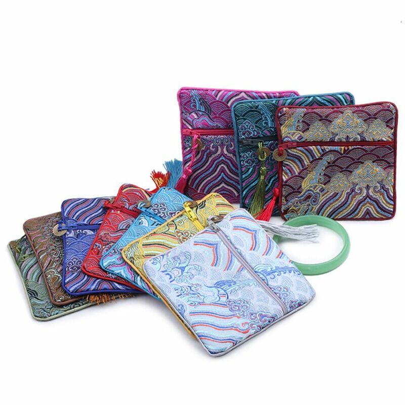 Китайские квадратные шелковые украшения, сумка на молнии, дорожные сумки с вышивкой морской волны, маленькая подарочная упаковка для монет и кошельков