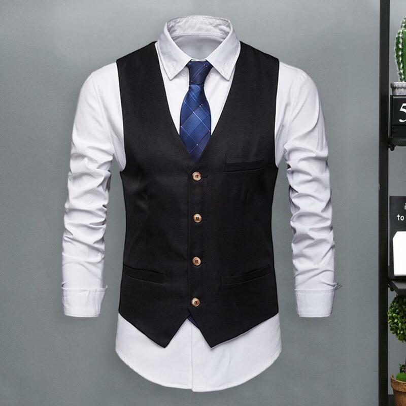 Men Suit Vest Formal Business Style Sleeveless Men Vest Slim Fit Cardigan Single-breasted Silky Fabric Groom Wedding Waistcoat