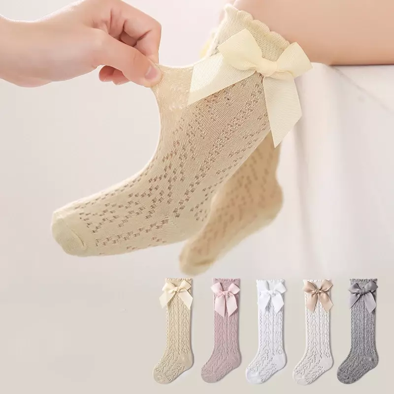 Baby Knee High Socks Kids Girls Boys Bow Long Sock Soft Cotton Mesh Breathable Children Hollow Out Socken for 0-3 Years Old