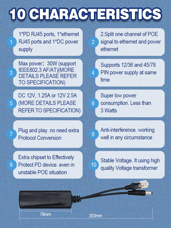 Divisor POE Gigabit para puertos de interruptor, cámaras IP CCTV, 48V a 12V, 2.5A, 30W, 15W, Gigabit, 1000mbps, RJ45 a DC, fuente de alimentación