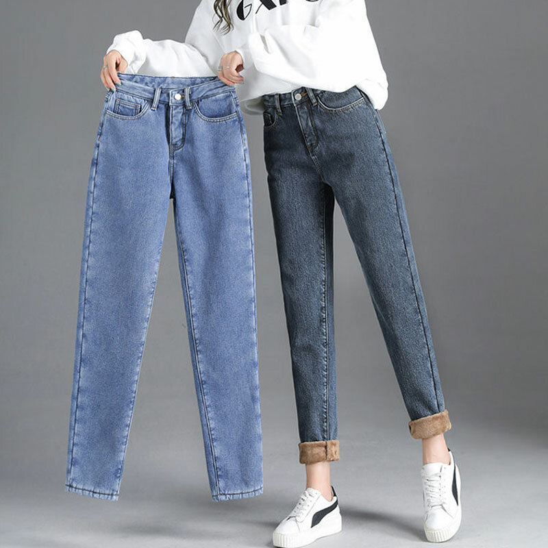 Coreano 25-33 Plus Calças Harem de Veludo Quente Outono Inverno Cintura Alta Streetwear Calças Denim Novo Casual Grosso De Lã Jeans Baggy