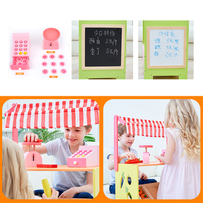 Children Pretend House Play Fruit Vegetable Selling Stand Stall Role Play Set Montessori Educational Wooden Toys For Kid Gift
