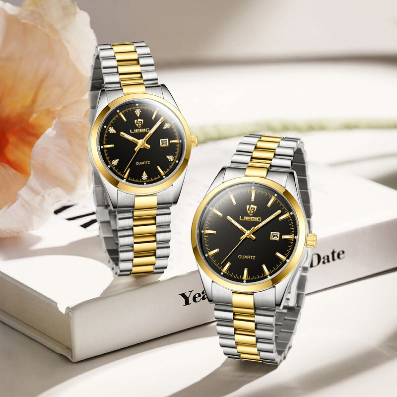 LIBIIG 탑 브랜드 패션 쿼츠 손목시계, 남성 여성, 스테인리스 스틸, 3bar 방수, 날짜 표시 시계
