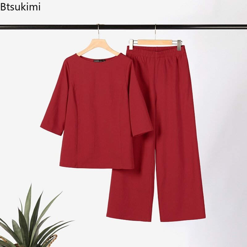 2024 Women's Casual Cotton Linen Sets 2PCS  Plus Size Pants Set  Elegant Loose Round Neck Long Sleeve Two Piece Sets Female 5XL