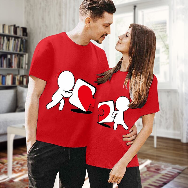 قمصان الزوجين المطابقة بلوزات عيد الحب بأكمام قصيرة ورقبة دائرية قمصان للأزواج مطبوعة بحروف حب قمصان نسائية موديل