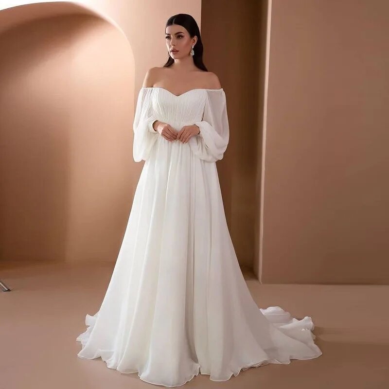 A Line Off Shoulder Chiffon Wedding Dresses Saudi  Custom Bridal Dress Marriage Party Gowns