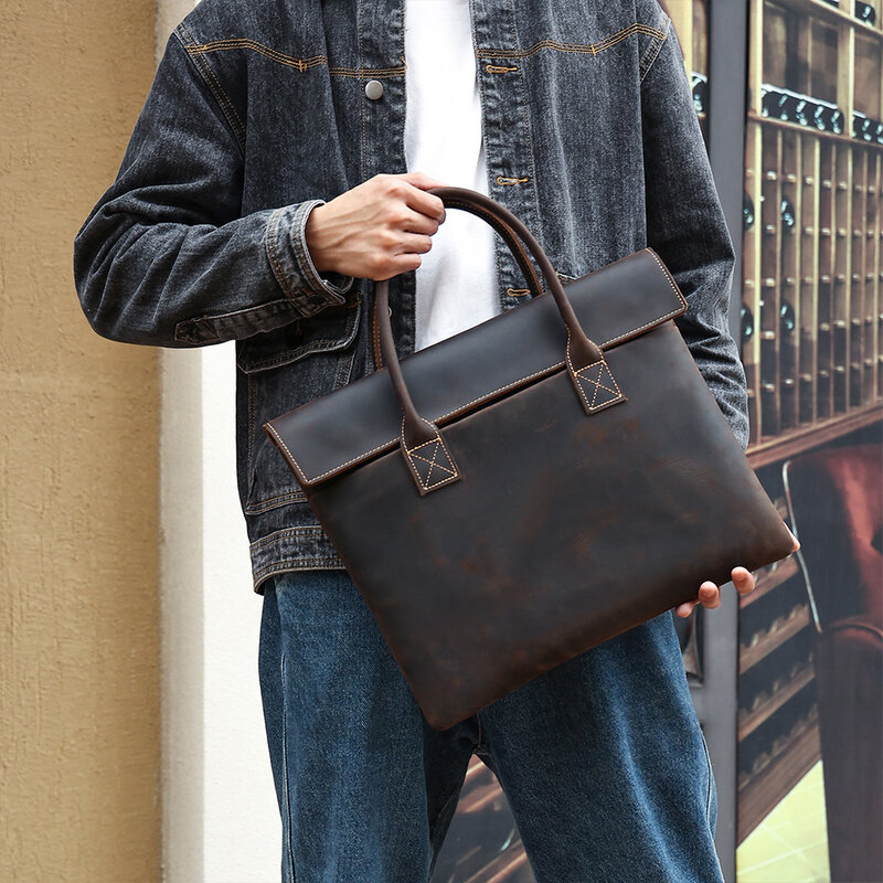 Mala de couro para homens, carteira masculina vintage, bolsa de trabalho para escritório portátil, bolsa minimalista, bolsa nova