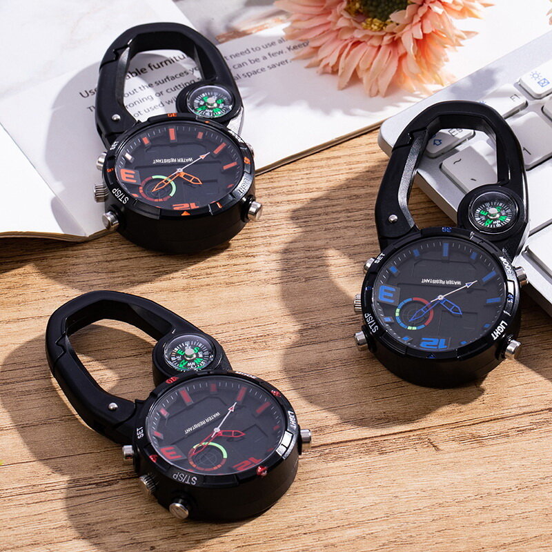 Outdoor Mountaineering Watch with Compass Multi functional Waterproof Pocket Watch Backpacker Accessories Carabiner Sports Watch